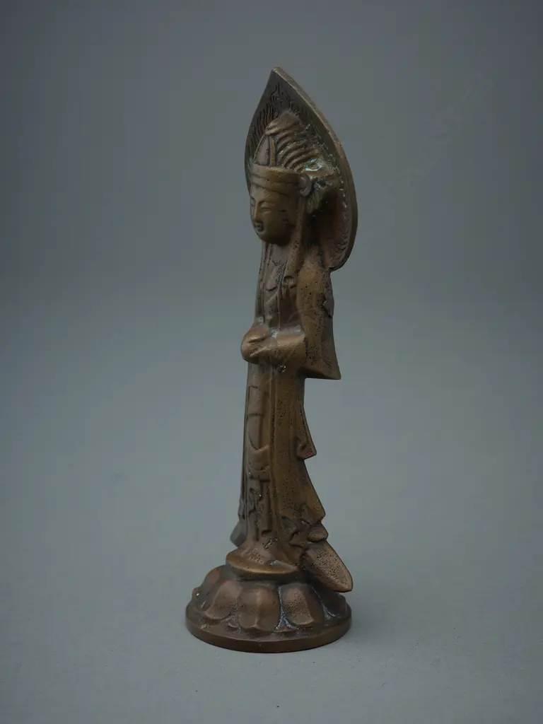 Brass standing figure of Buddha holding peach on lotus base - Tibet/China?, Image 1++